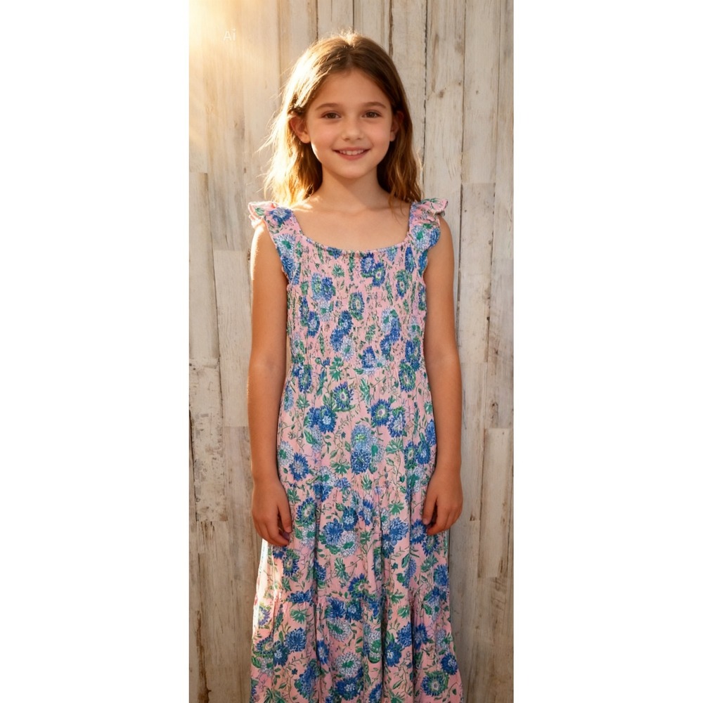 EUC Lilly Pulitzer girl XL Smocked Tiered Knit Flare Midi Dress Flutter sleeve